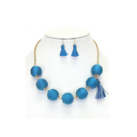 Ball & Tassel Necklace Set-Blue