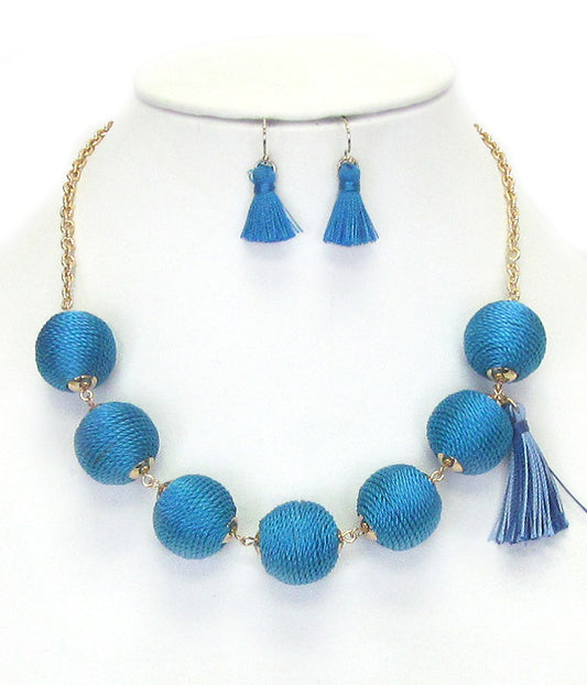 Ball & Tassel Necklace Set-Blue