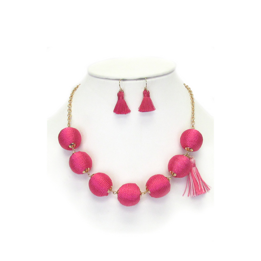 Ball & Tassel Necklace Set-Pink